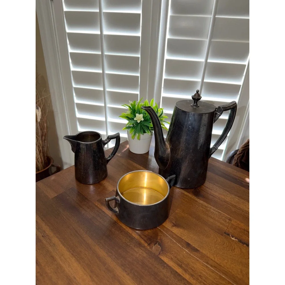 Vintage Silver Plated Tea Coffee Service Set 3 Piece Patina Teapot Creamer Sugar
